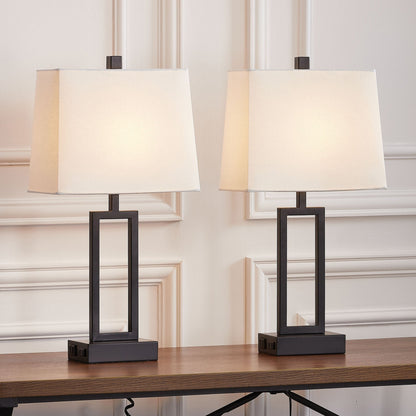Lampada da tavolo in metallo nero con paralume bianco in stile cornice per porta, doppia porta di ricarica USB, presa CA, paralume bianco (set da 2)