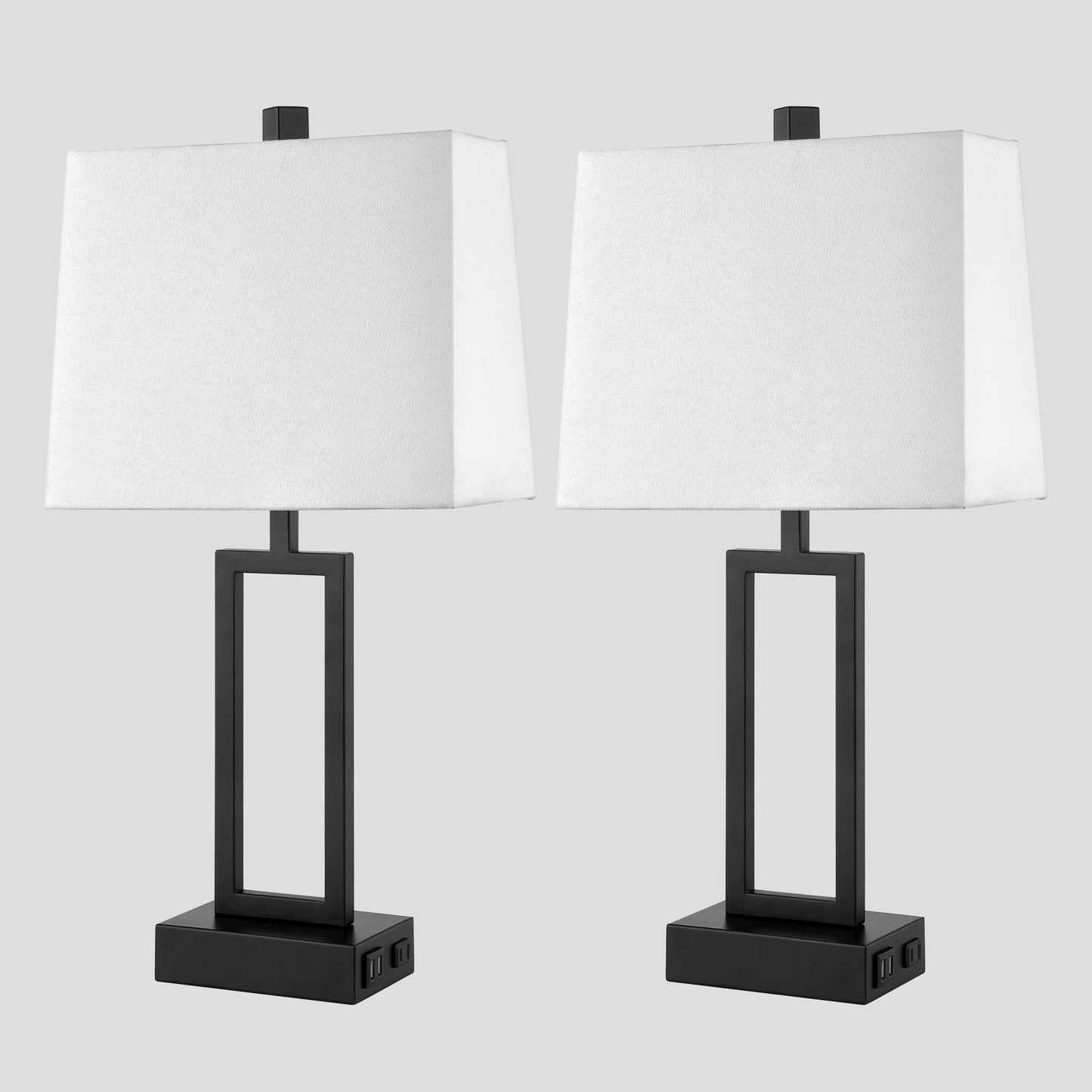 Lampada da tavolo in metallo nero con paralume bianco in stile cornice per porta, doppia porta di ricarica USB, presa CA, paralume bianco (set da 2)
