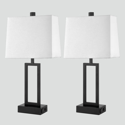 Lampada da tavolo in metallo nero con paralume bianco in stile cornice per porta, doppia porta di ricarica USB, presa CA, paralume bianco (set da 2)
