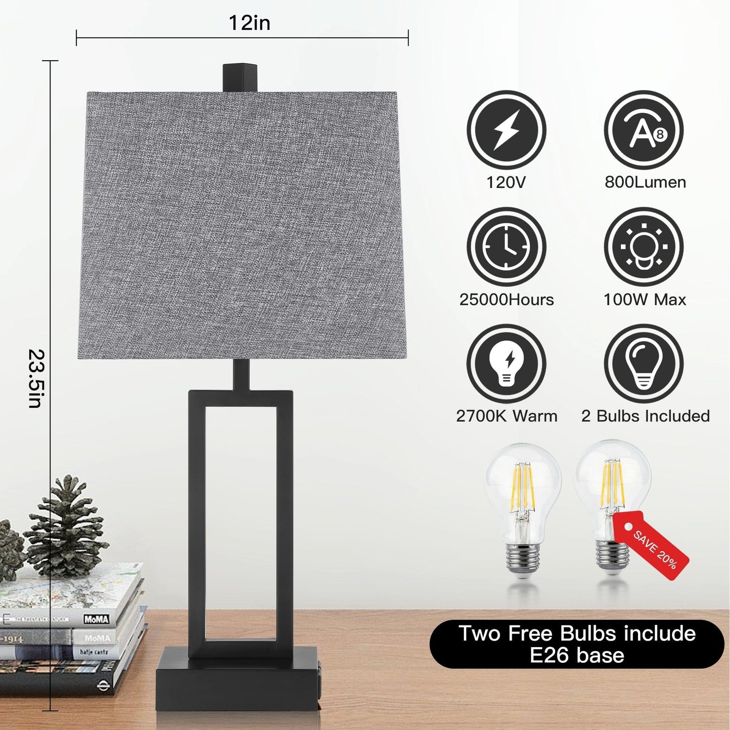 Lampada da tavolo in metallo nero con interruttore touch dimmer e porte di ricarica (set da 2) - 12'' x 6,5'' x 23,5'' (L x P x A)