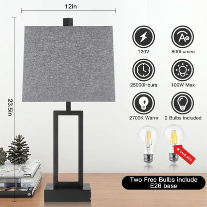 Lampada da tavolo in metallo nero con interruttore touch dimmer e porte di ricarica (set da 2) - 12'' x 6,5'' x 23,5'' (L x P x A)