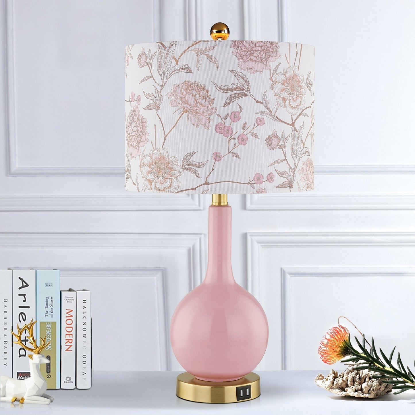 Lampada da tavolo in ceramica rosa con interruttore touch dimmer a 3 vie e due porte di ricarica USB - 12'' x 12'' x 24'' (L x P x A)