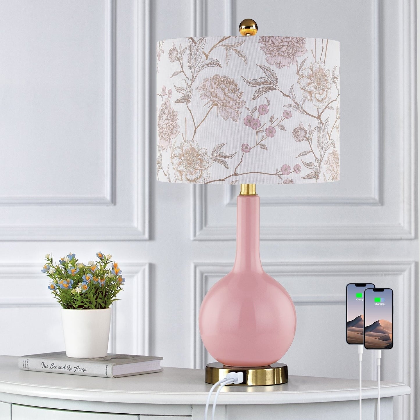 Lampada da tavolo in ceramica rosa con interruttore touch dimmer a 3 vie e due porte di ricarica USB - 12'' x 12'' x 24'' (L x P x A)