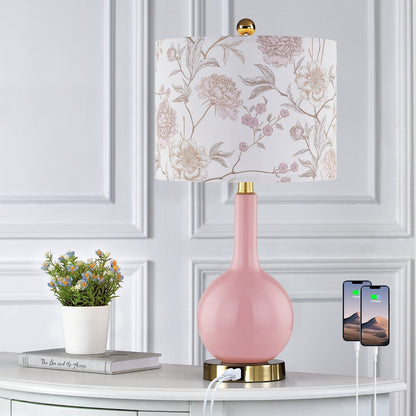 Lampada da tavolo in ceramica rosa con interruttore touch dimmer a 3 vie e due porte di ricarica USB - 12'' x 12'' x 24'' (L x P x A)