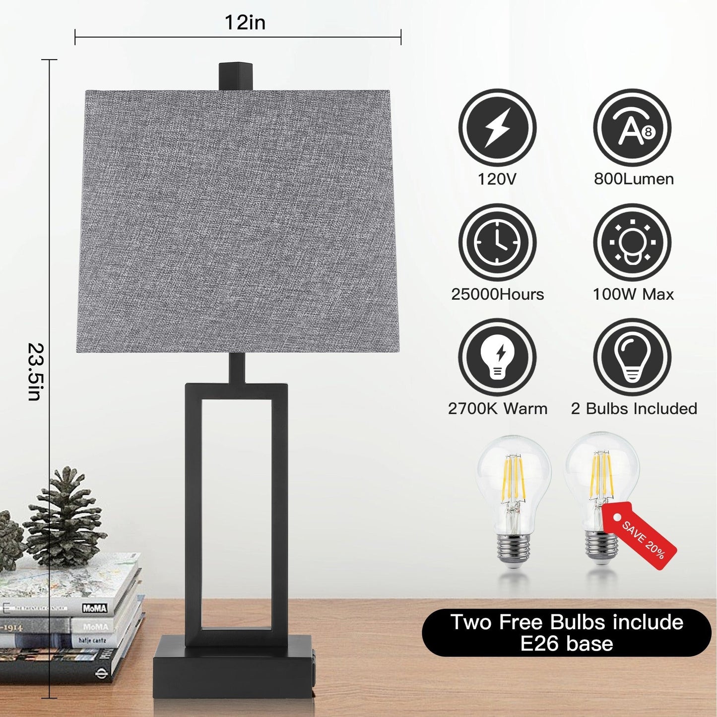 Lampada da tavolo in metallo nero con interruttore touch dimmer e porte di ricarica (set da 2) - 12'' x 6,5'' x 23,5'' (L x P x A)