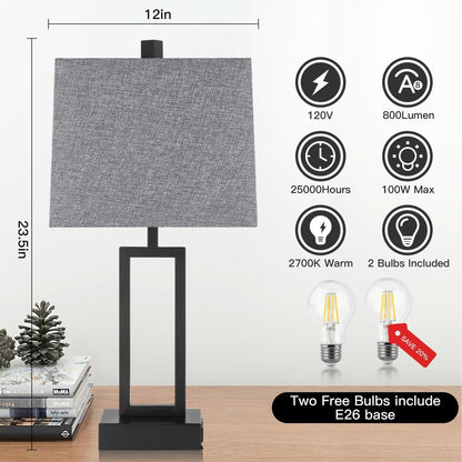 Lampada da tavolo in metallo nero con interruttore touch dimmer e porte di ricarica (set da 2) - 12'' x 6,5'' x 23,5'' (L x P x A)