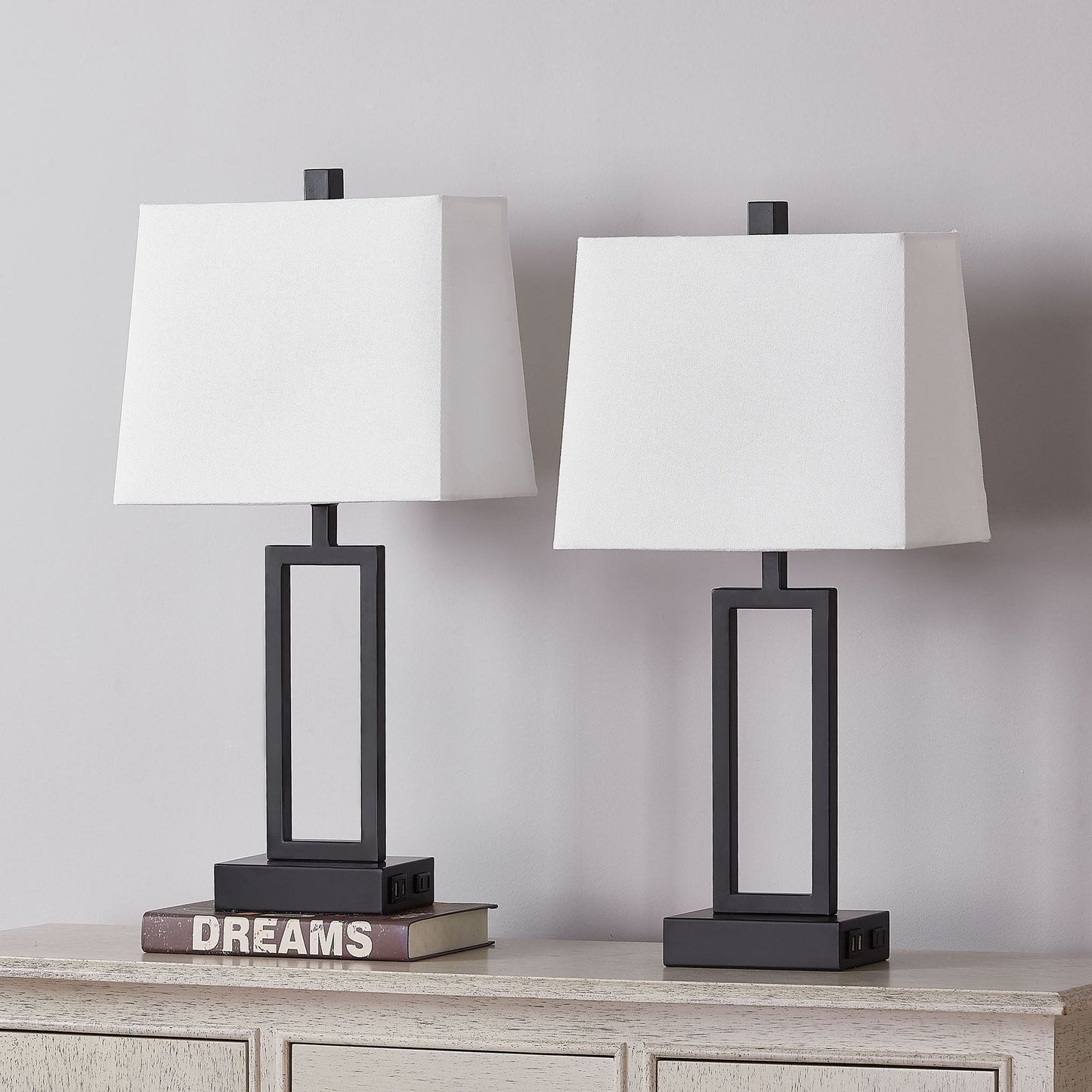 Lampada da tavolo in metallo nero con paralume bianco in stile cornice per porta, doppia porta di ricarica USB, presa CA, paralume bianco (set da 2)