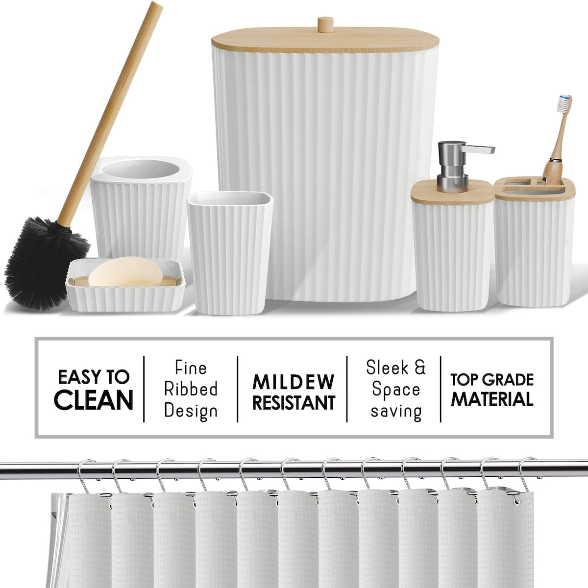 Set di accessori da bagno in bambù Clara Clark con tenda da doccia, scopino per WC, cestino e dispenser di sapone