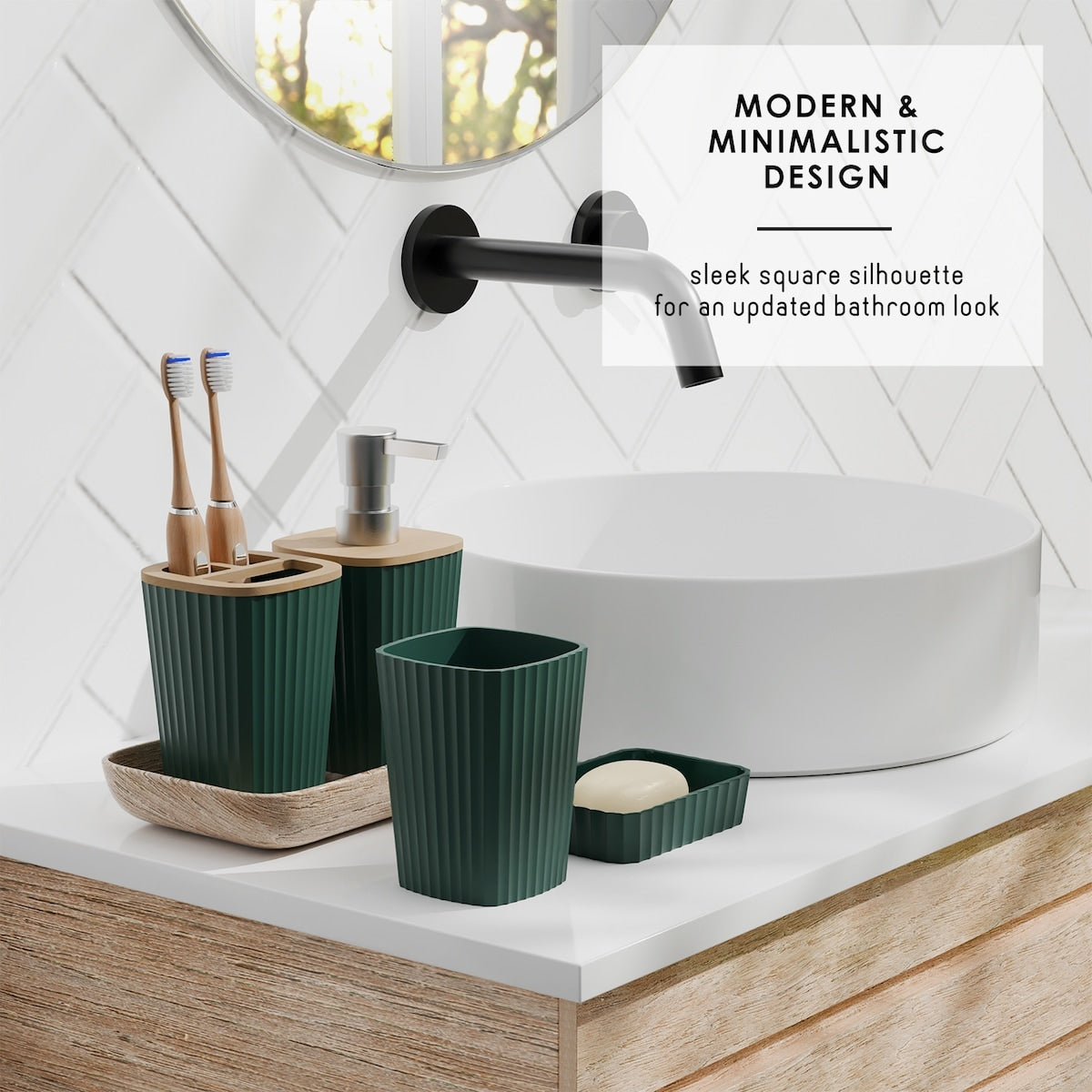 Set di accessori da bagno in bambù Clara Clark con tenda da doccia, scopino per WC, cestino e dispenser di sapone