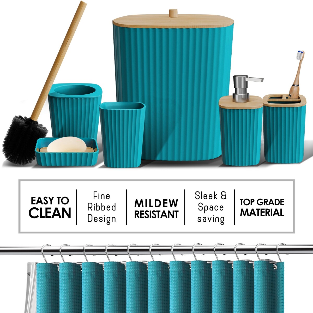 Set di accessori da bagno in bambù Clara Clark con tenda da doccia, scopino per WC, cestino e dispenser di sapone