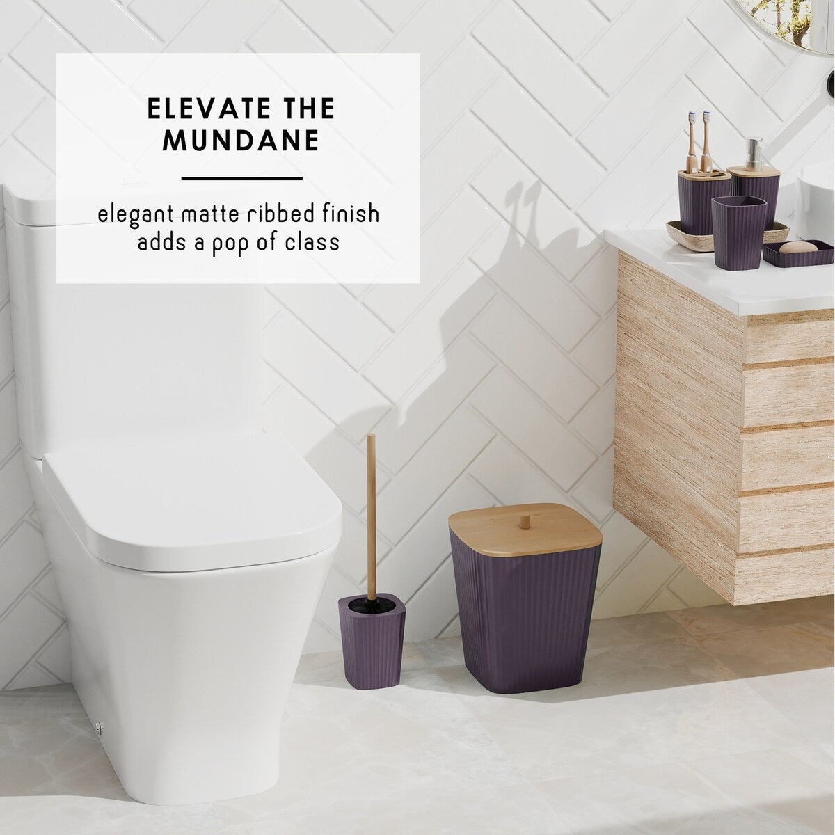 Set di accessori da bagno in bambù Clara Clark con tenda da doccia, scopino per WC, cestino e dispenser di sapone