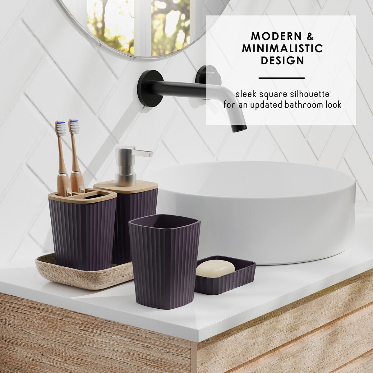 Set di accessori da bagno in bambù Clara Clark con tenda da doccia, scopino per WC, cestino e dispenser di sapone