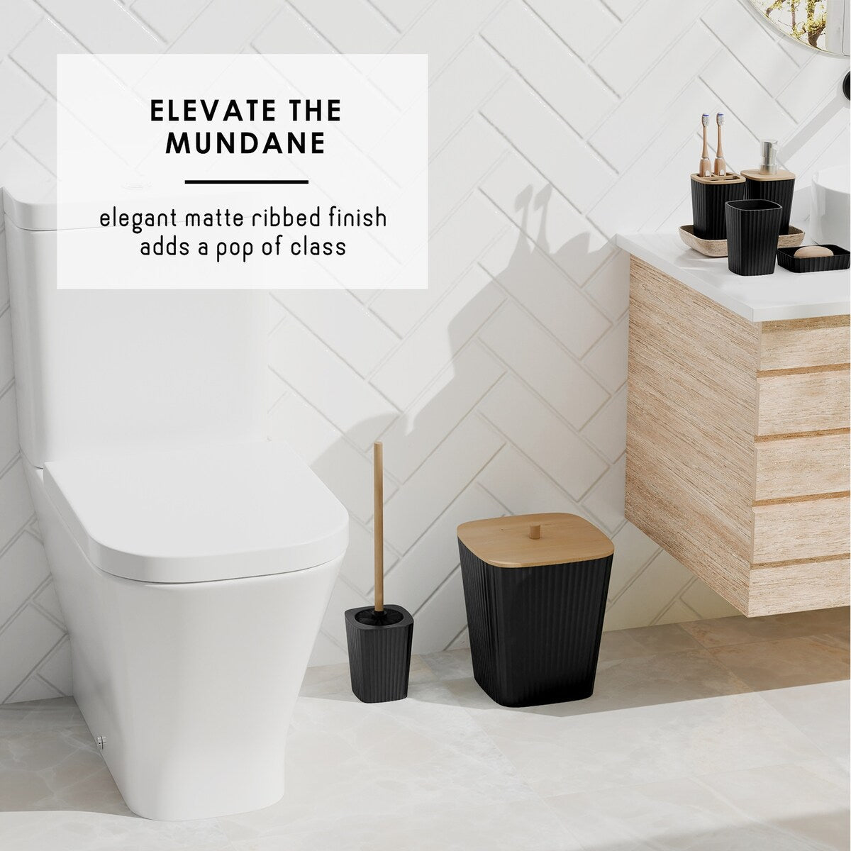 Set di accessori da bagno in bambù Clara Clark con tenda da doccia, scopino per WC, cestino e dispenser di sapone