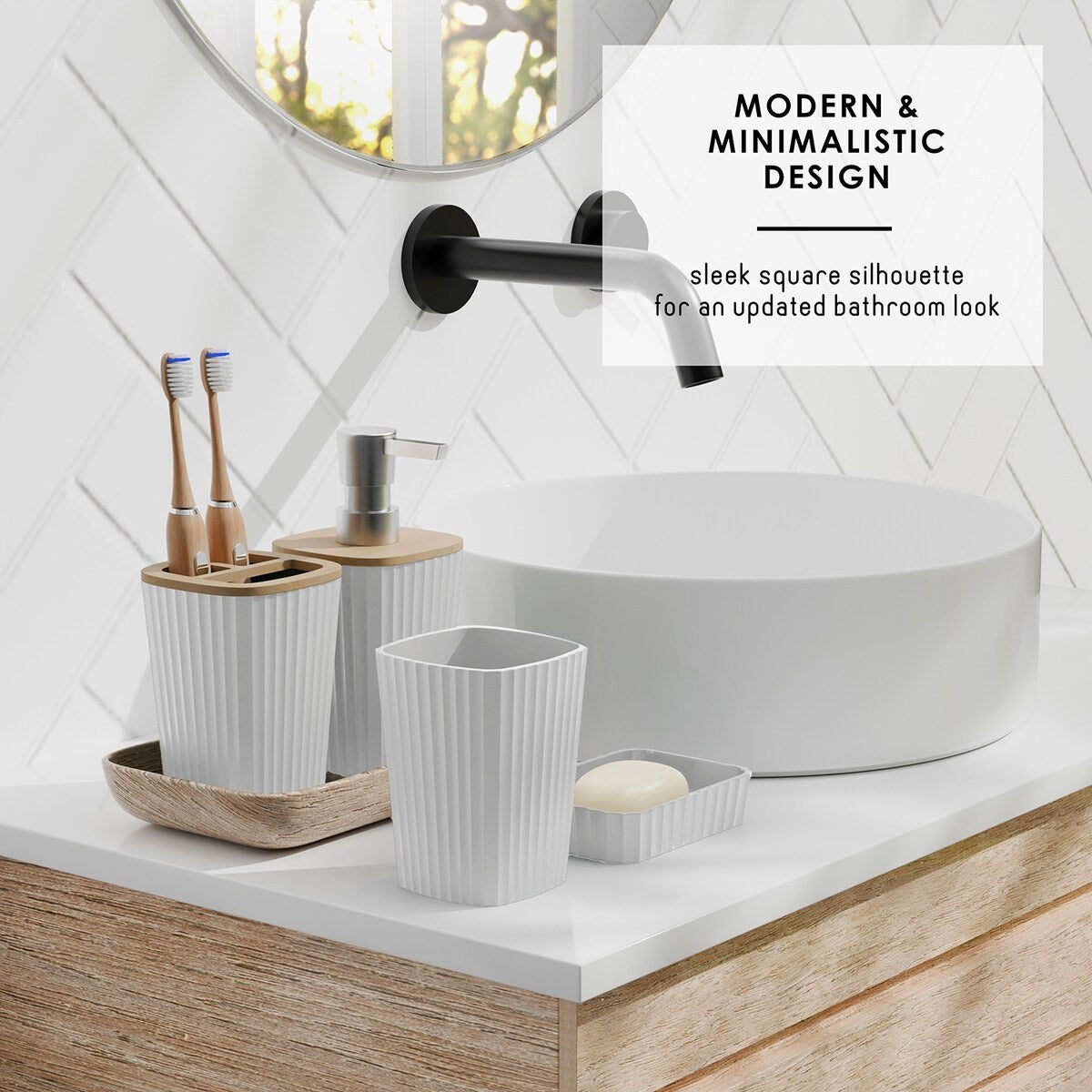 Set di accessori da bagno in bambù Clara Clark con tenda da doccia, scopino per WC, cestino e dispenser di sapone