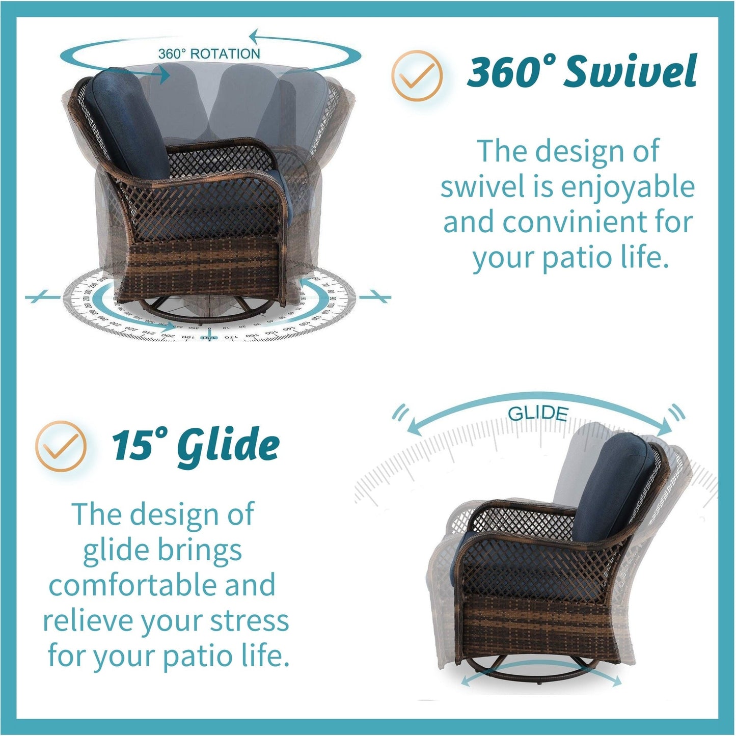 Set di 3 sedie a dondolo girevoli in rattan e vimini Clarese per esterni di Havenside Home