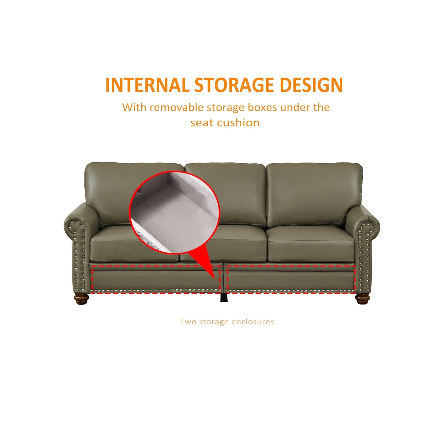 Divano classico 83 a 3 posti rivestito in pelle PU con contenitore inferiore e decorazione a borchie