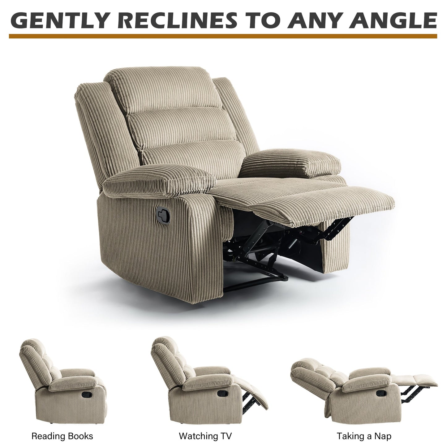 Poltrona reclinabile manuale classica con schienale a spinta e imbottitura in velluto a coste