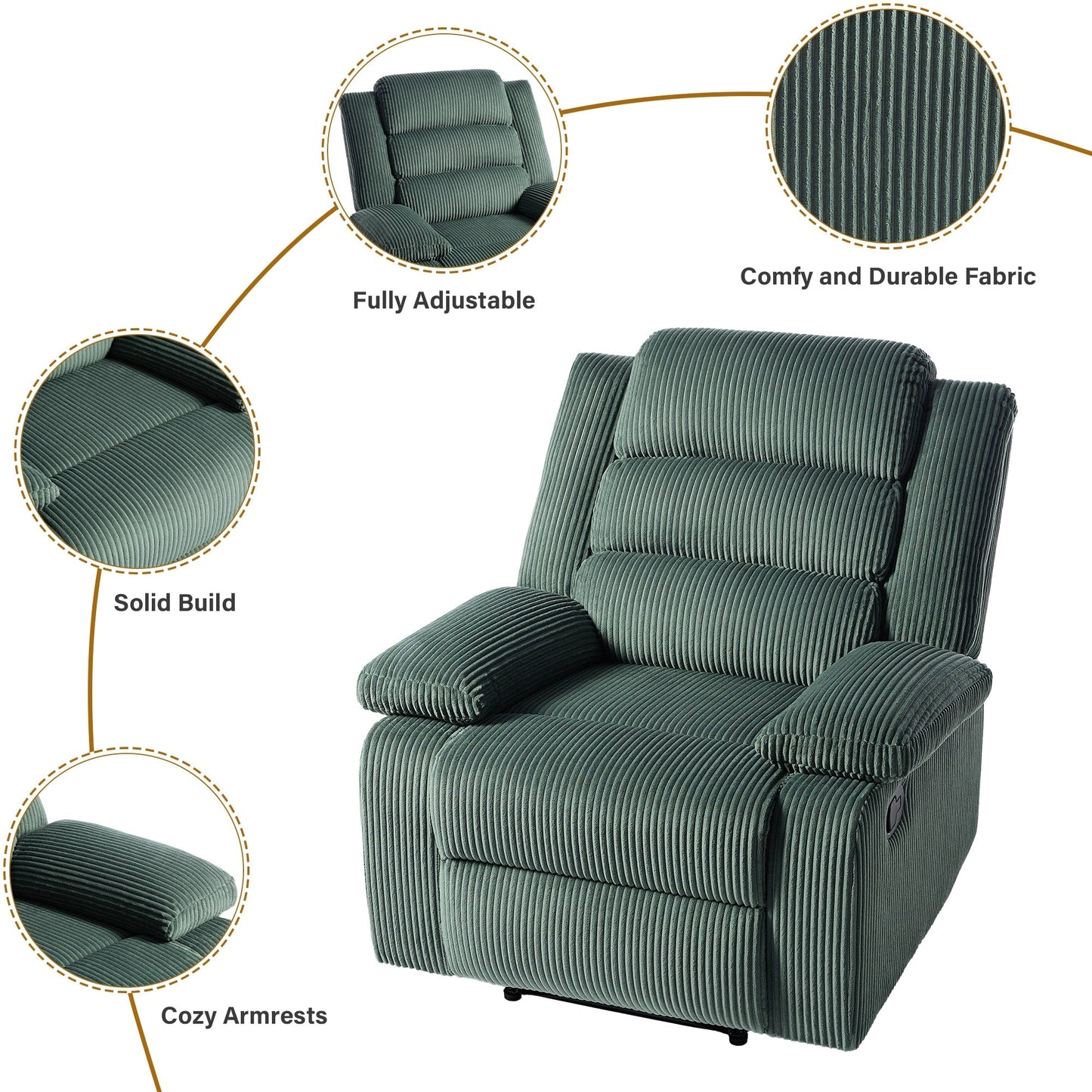 Poltrona reclinabile manuale classica con schienale a spinta e imbottitura in velluto a coste