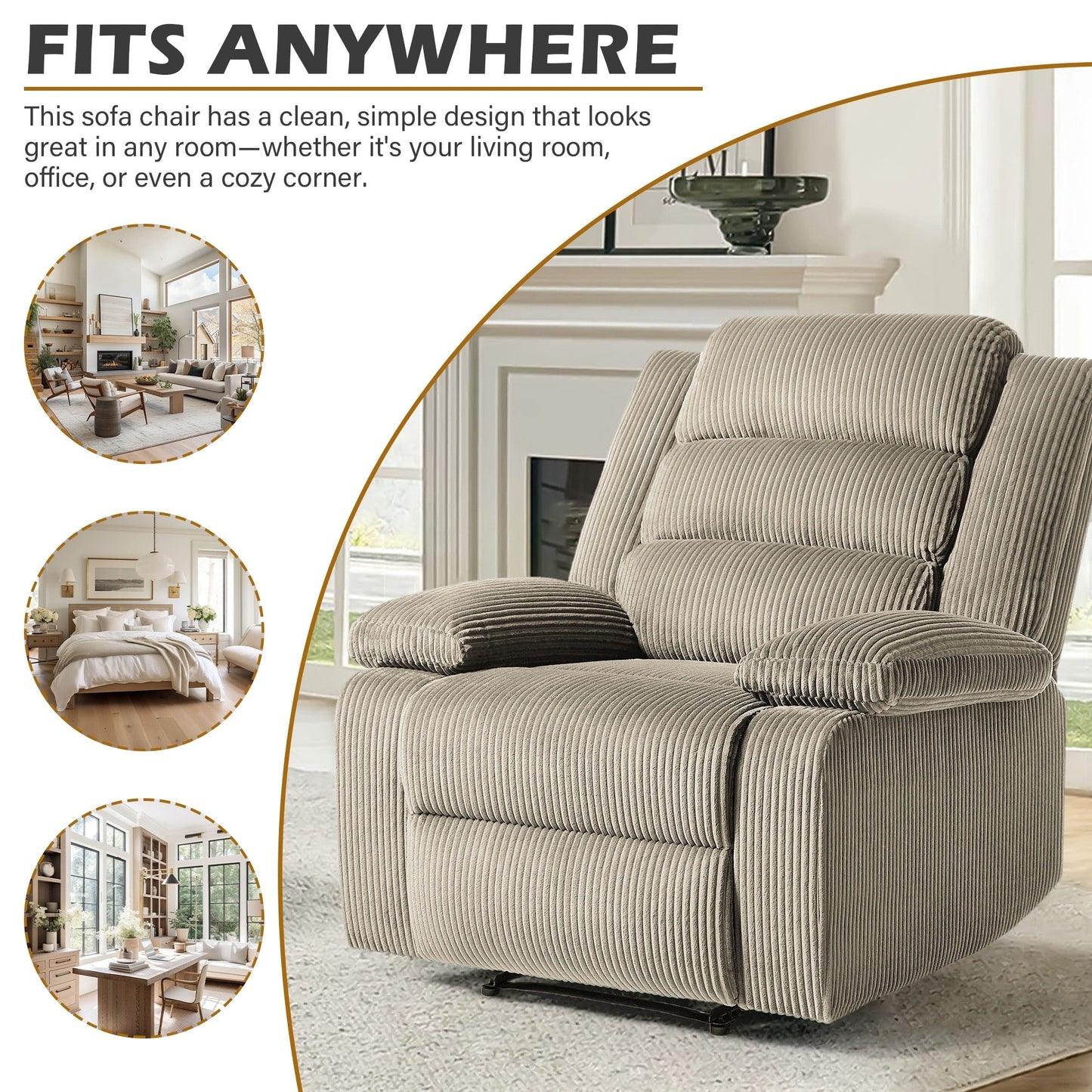 Poltrona reclinabile manuale classica con schienale a spinta e imbottitura in velluto a coste