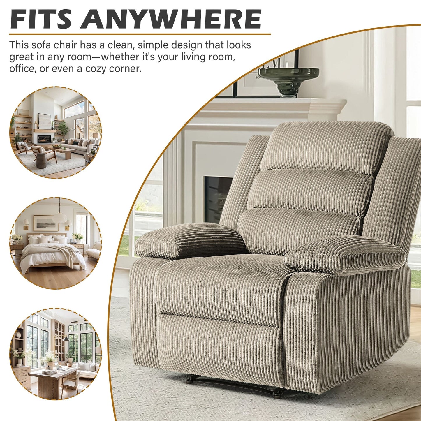 Poltrona reclinabile manuale classica con schienale a spinta e rivestimento in velluto a coste (set da 2)