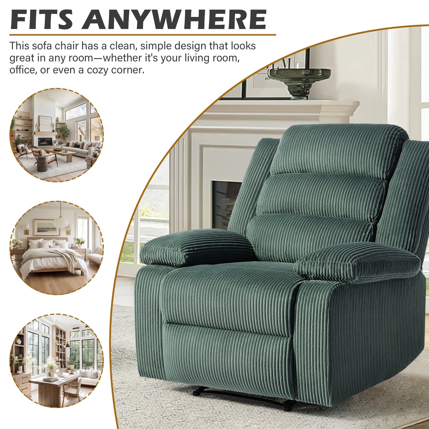 Poltrona reclinabile manuale classica con schienale a spinta e rivestimento in velluto a coste (set da 2)