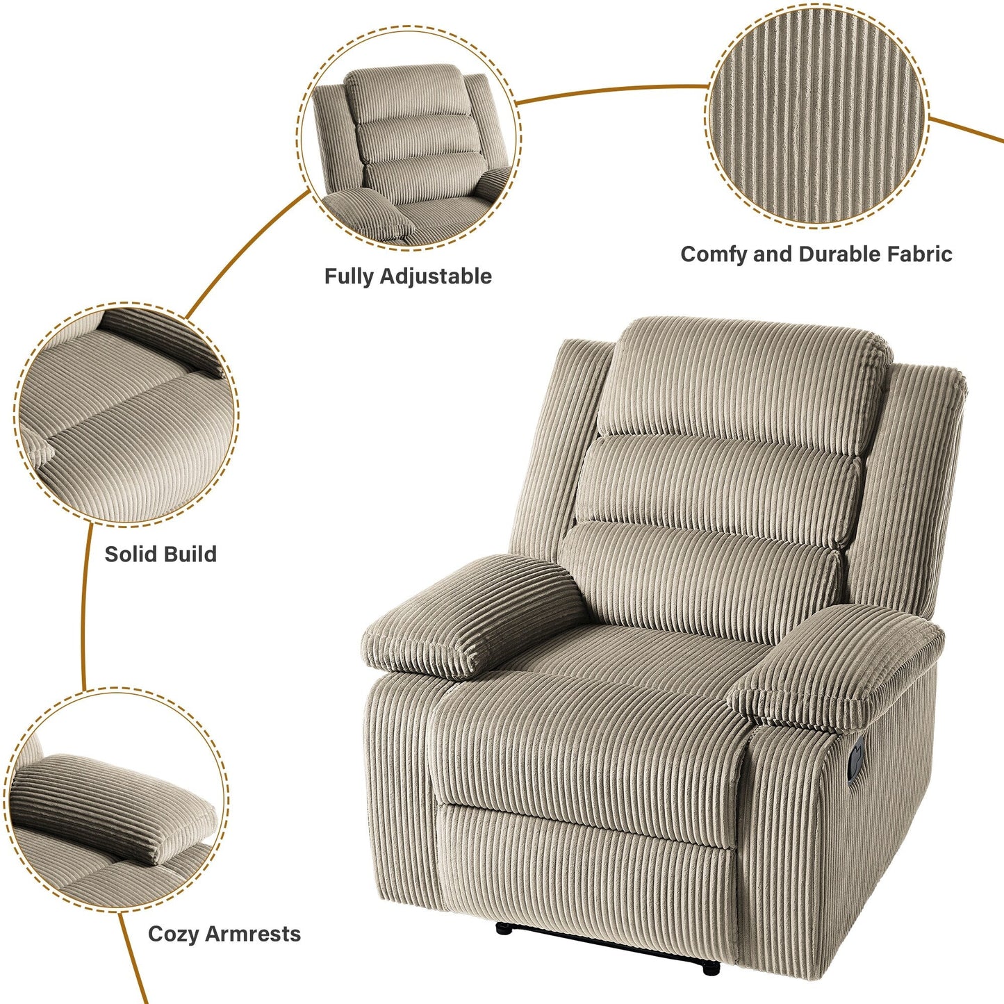 Poltrona reclinabile manuale classica con schienale a spinta e rivestimento in velluto a coste (set da 2)