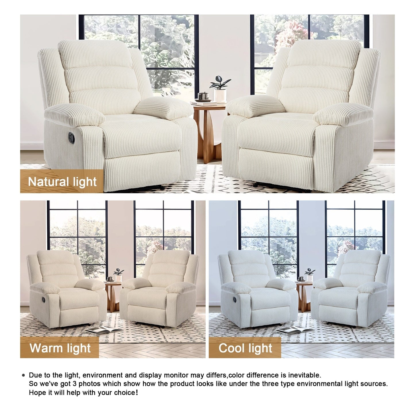 Poltrona reclinabile manuale classica con schienale a spinta e rivestimento in velluto a coste (set da 2)