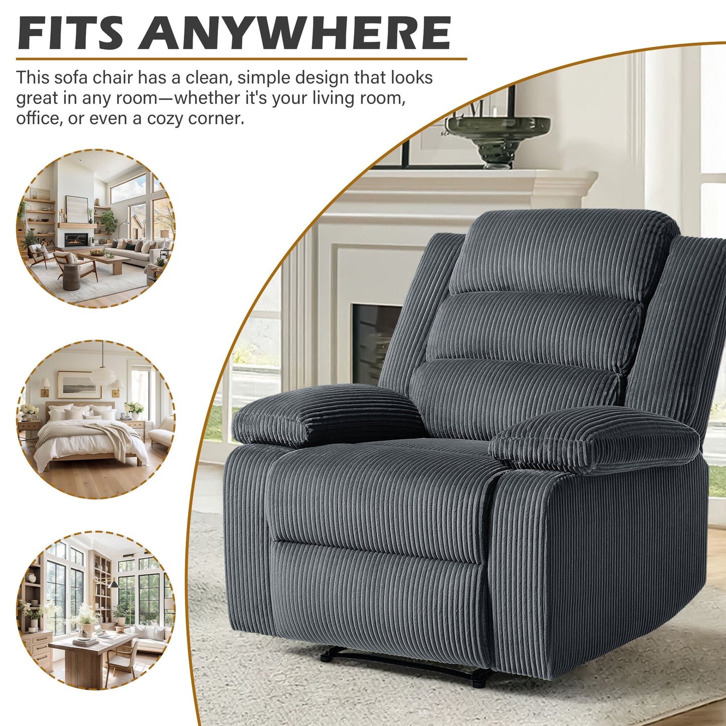 Poltrona reclinabile manuale classica con schienale a spinta e rivestimento in velluto a coste (set da 2)