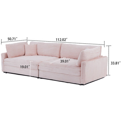 Divano classico ed elegante a tre posti rivestito in velluto a coste con due cuscini decorativi