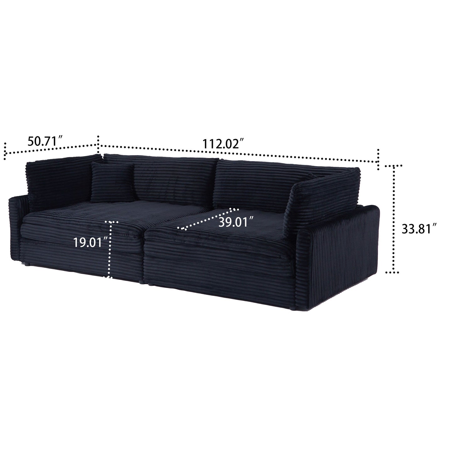 Divano classico ed elegante a tre posti rivestito in velluto a coste con due cuscini decorativi