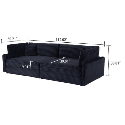 Divano classico ed elegante a tre posti rivestito in velluto a coste con due cuscini decorativi