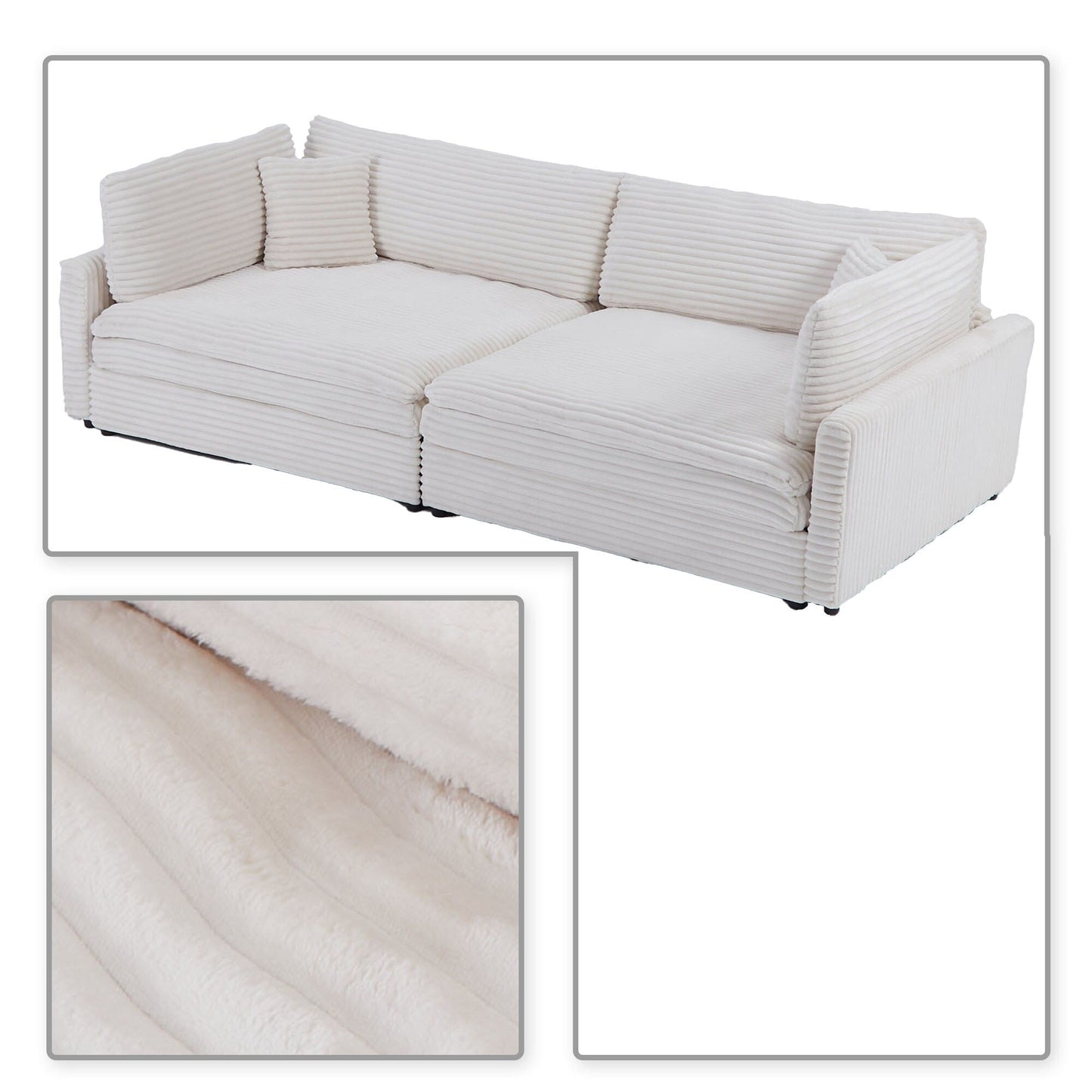 Divano classico ed elegante a tre posti rivestito in velluto a coste con due cuscini decorativi