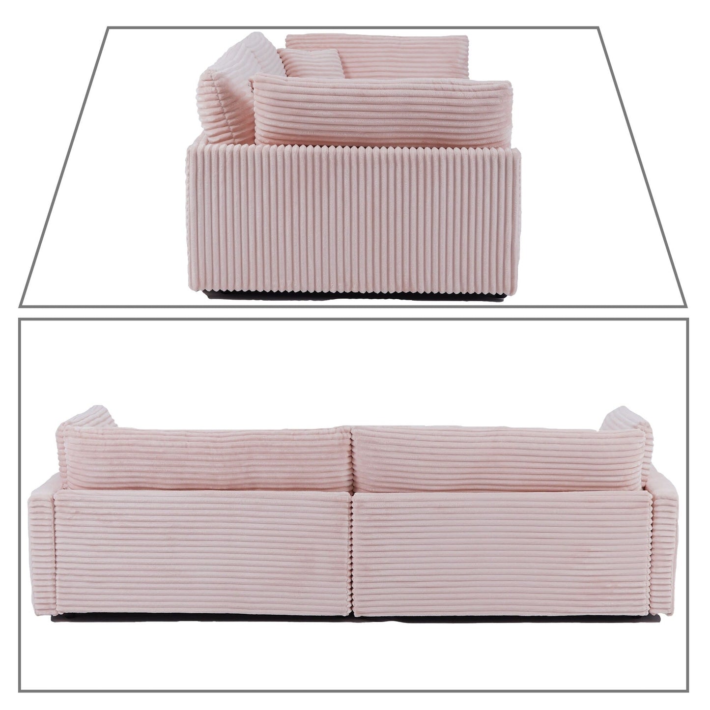 Divano classico ed elegante a tre posti rivestito in velluto a coste con due cuscini decorativi