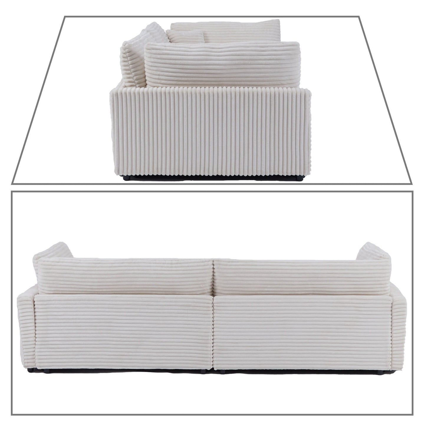 Divano classico ed elegante a tre posti rivestito in velluto a coste con due cuscini decorativi