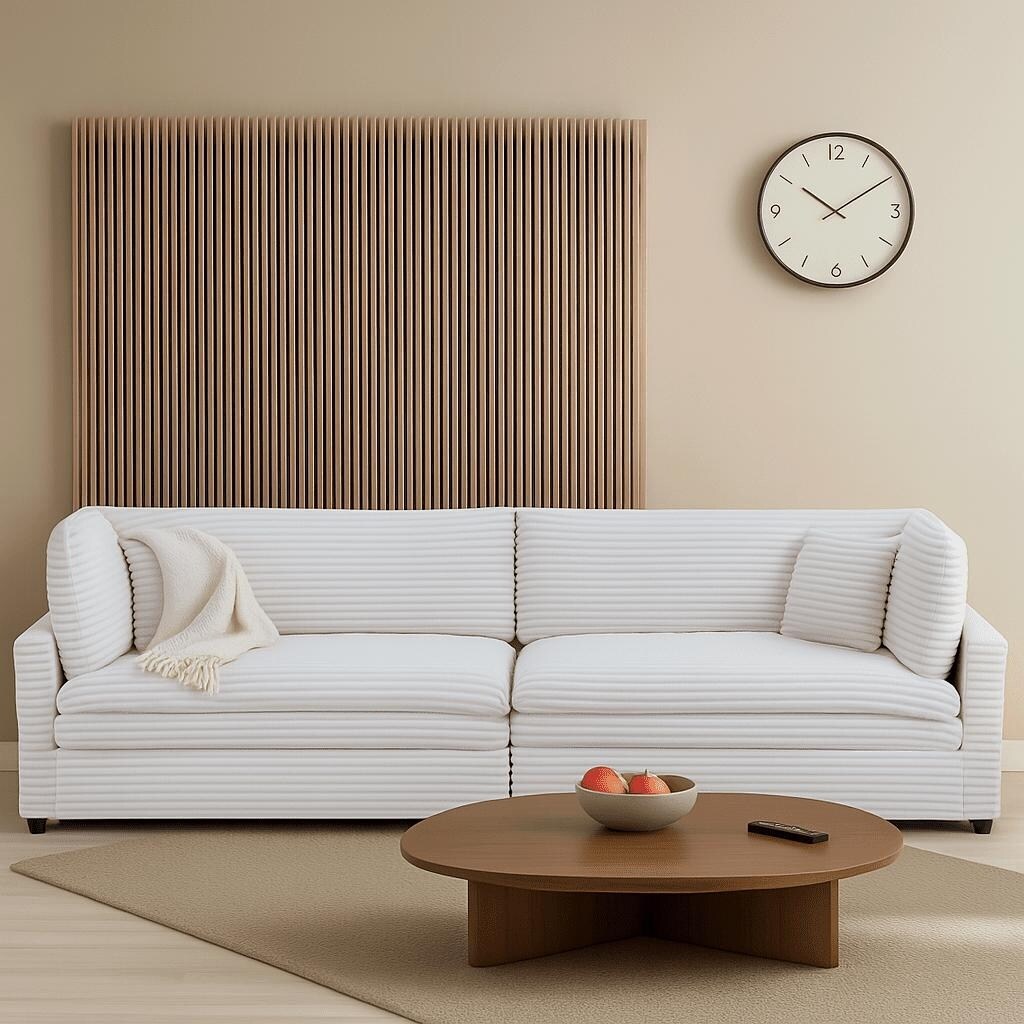 Divano classico ed elegante a tre posti rivestito in velluto a coste con due cuscini decorativi