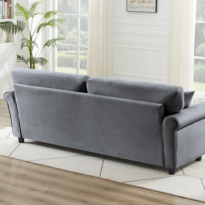 Divano classico in velluto con struttura in legno massello, divano imbottito, braccioli arrotondati