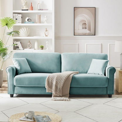 Divano classico in velluto con struttura in legno massello, divano imbottito, braccioli arrotondati