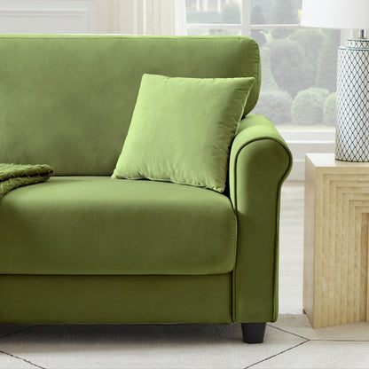 Divano classico in velluto con struttura in legno massello, divano imbottito, braccioli arrotondati