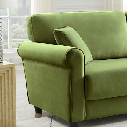 Divano classico in velluto con struttura in legno massello, divano imbottito, braccioli arrotondati