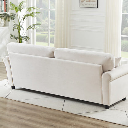 Divano classico in velluto con struttura in legno massello, divano imbottito, braccioli arrotondati