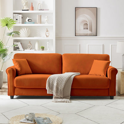 Divano classico in velluto con struttura in legno massello, divano imbottito, braccioli arrotondati