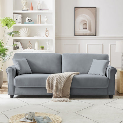 Divano classico in velluto con struttura in legno massello, divano imbottito, braccioli arrotondati