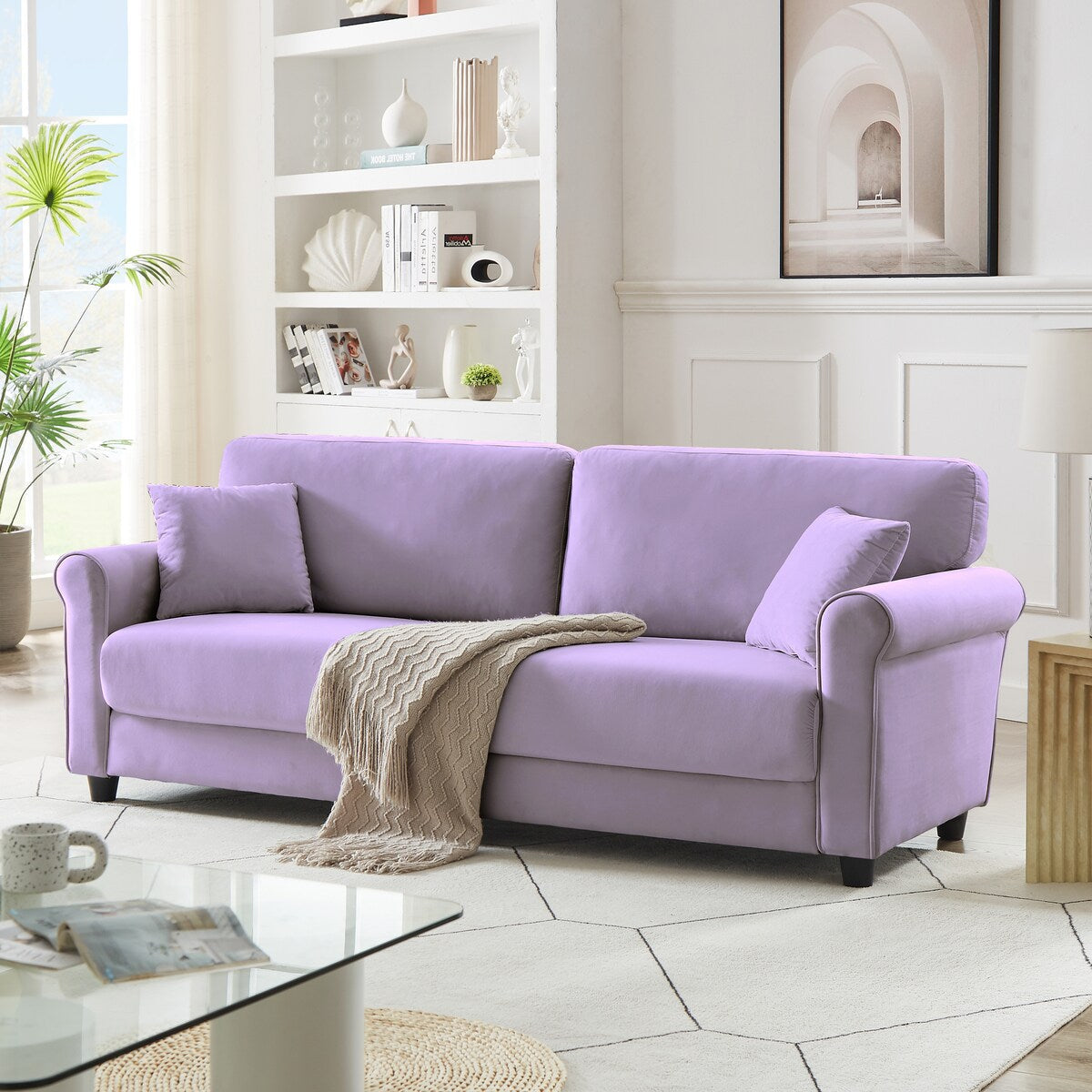 Divano classico in velluto con struttura in legno massello, divano imbottito, braccioli arrotondati