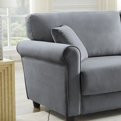 Divano classico in velluto con struttura in legno massello, divano imbottito, braccioli arrotondati