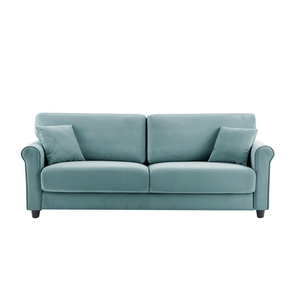 Divano classico in velluto con struttura in legno massello, divano imbottito, braccioli arrotondati