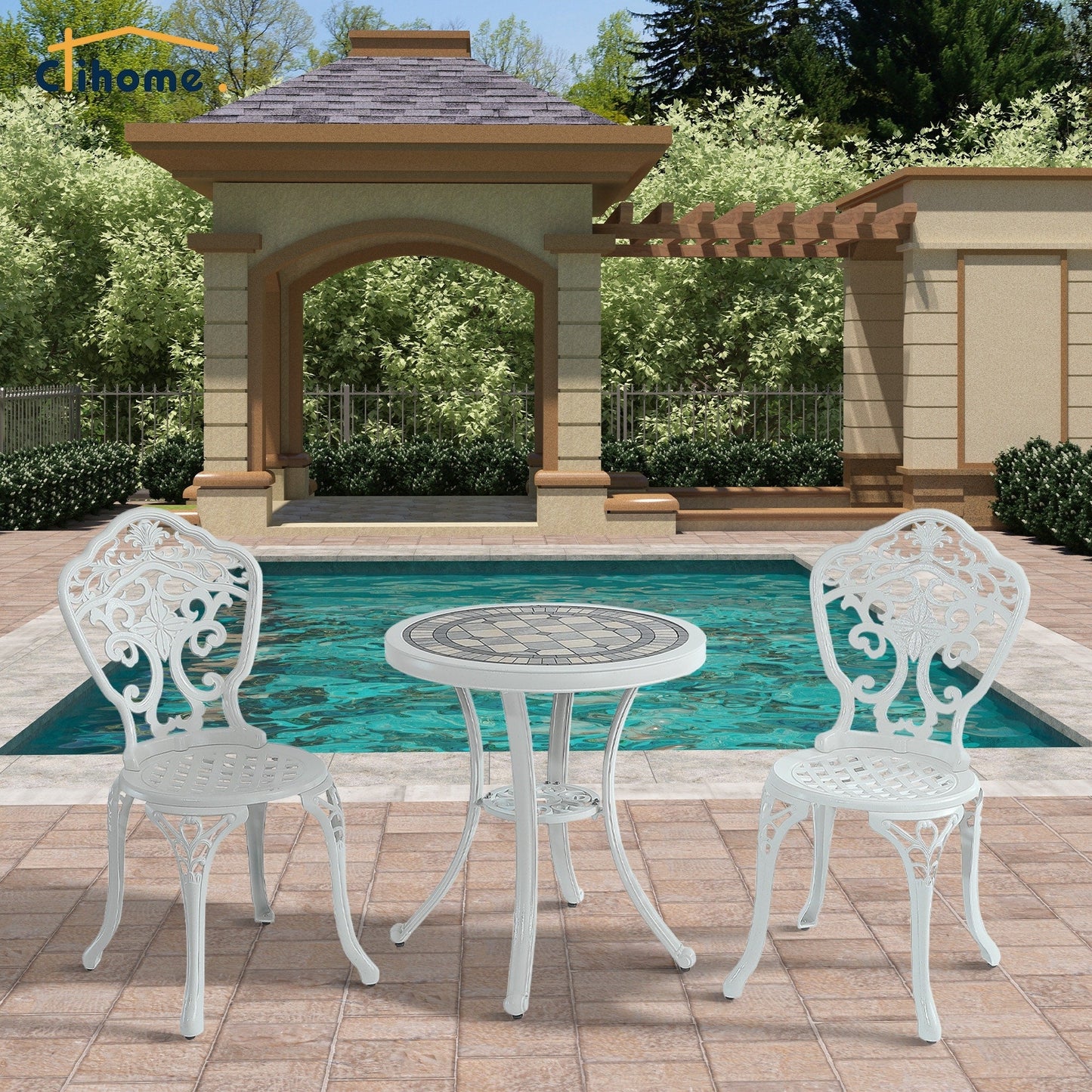 Set da bistrot da esterno in alluminio pressofuso, resistente alla ruggine, da 3 pezzi Clihome