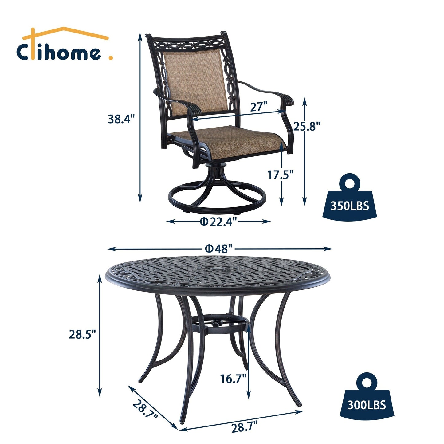 Clihome Set da pranzo da esterno in alluminio pressofuso da 5 pezzi per patio