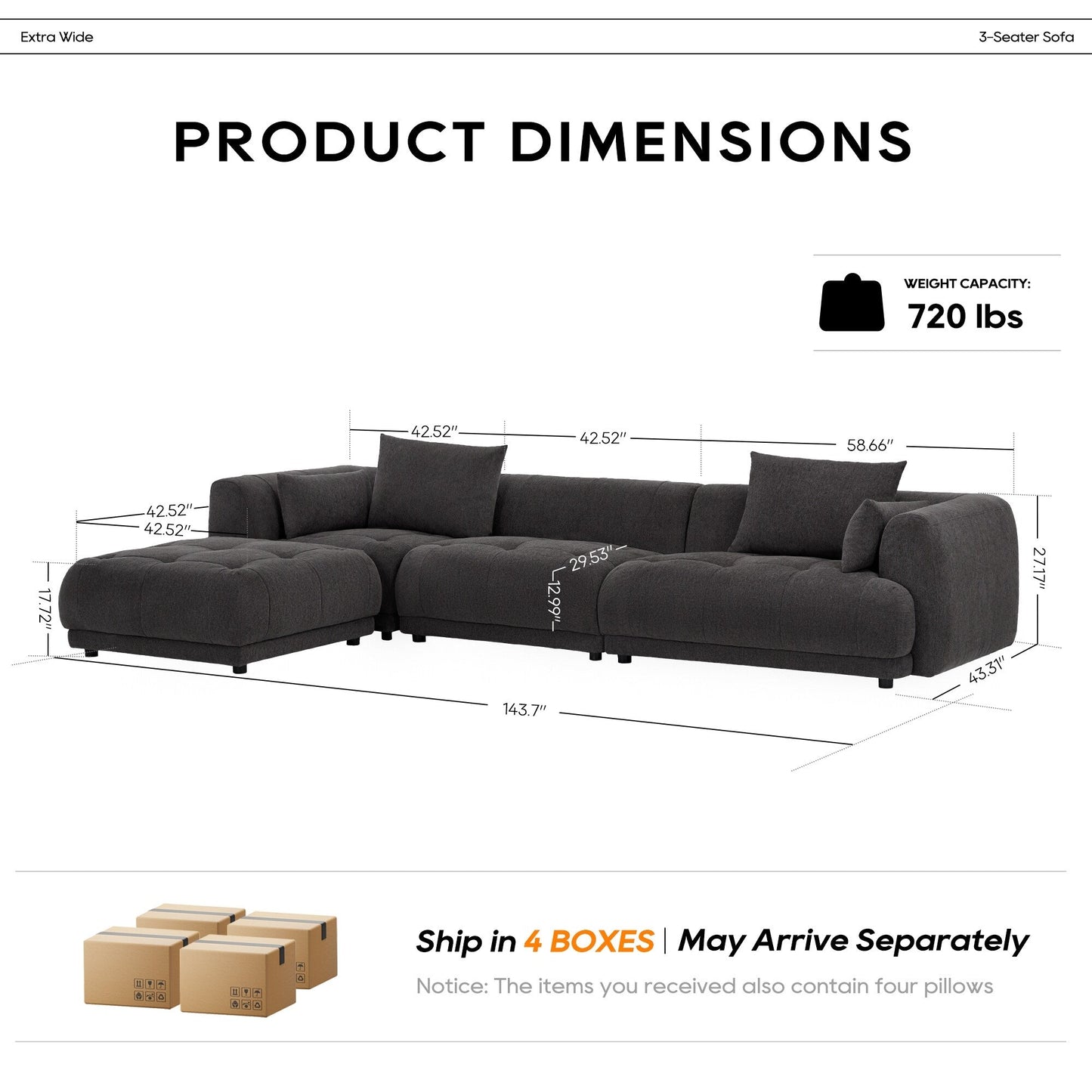 Divano componibile Cloud 144 con pouf - Divano da soggiorno in tessuto di ciniglia