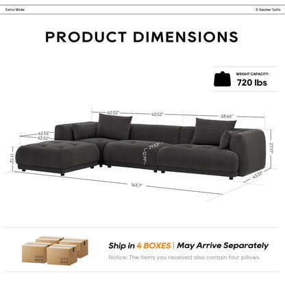 Divano componibile Cloud 144 con pouf - Divano da soggiorno in tessuto di ciniglia