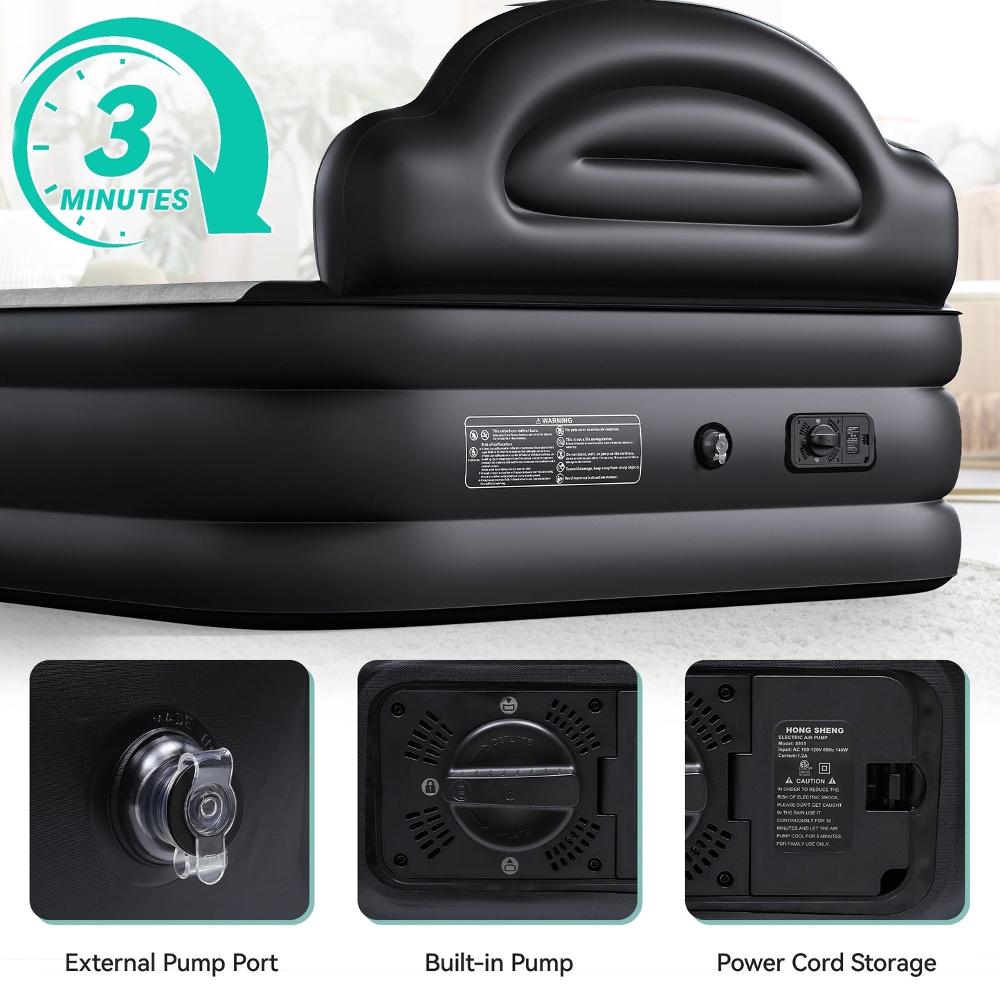 Materasso gonfiabile a forma di nuvola con cavo di alimentazione integrato, pompa fissa e testiera gonfiabile